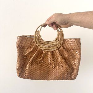 MONSAC Woven Leather wicker straw look clutch bag purse